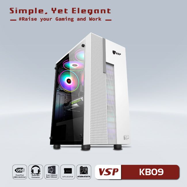 Vỏ máy tính Case VSP KB09 [TRẮNG] Gaming (ATX/M-ATX/ITX) Kính cường lực (Không kèm FAN) - Hàng chính hãng VSP phân phối