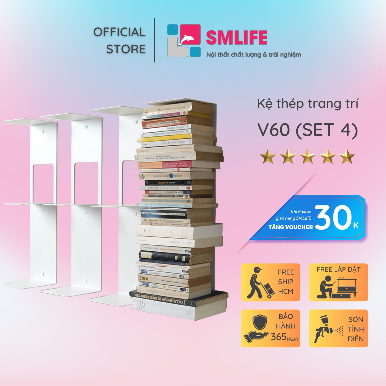 Bộ 4 Kệ Sách Treo Tường SMLIFE V60 - Bằng Thép Sơn Tĩnh Điện Hiện Đại Tiết Tiệm Không Gian Lưu Trữ Sách Cho Căn Hộ Nhỏ