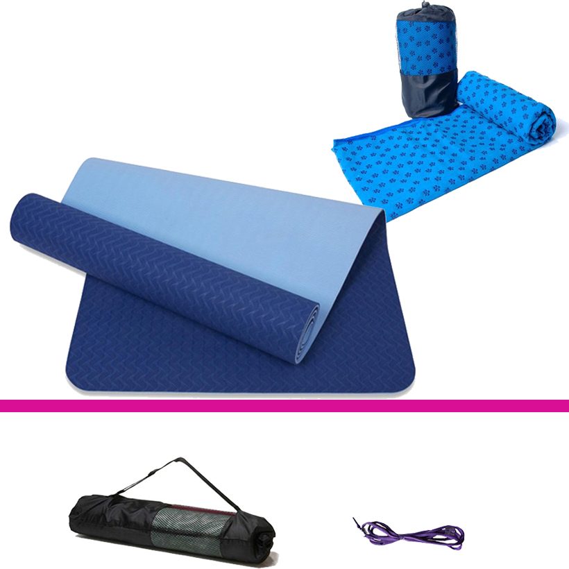 Combo Bộ Thảm Tập Yoga Tpe 6Mm 2 Lớp Khăn Trải Thảm Màu Ngẫu Nhiên - Xanh Dương - 6Mm 2 Lớp