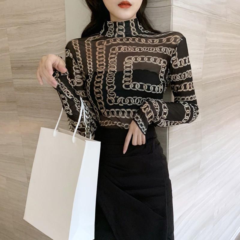 Áo thun lưới dài tay họa tiết hoa phong cách Hàn Quốc dành cho nữ