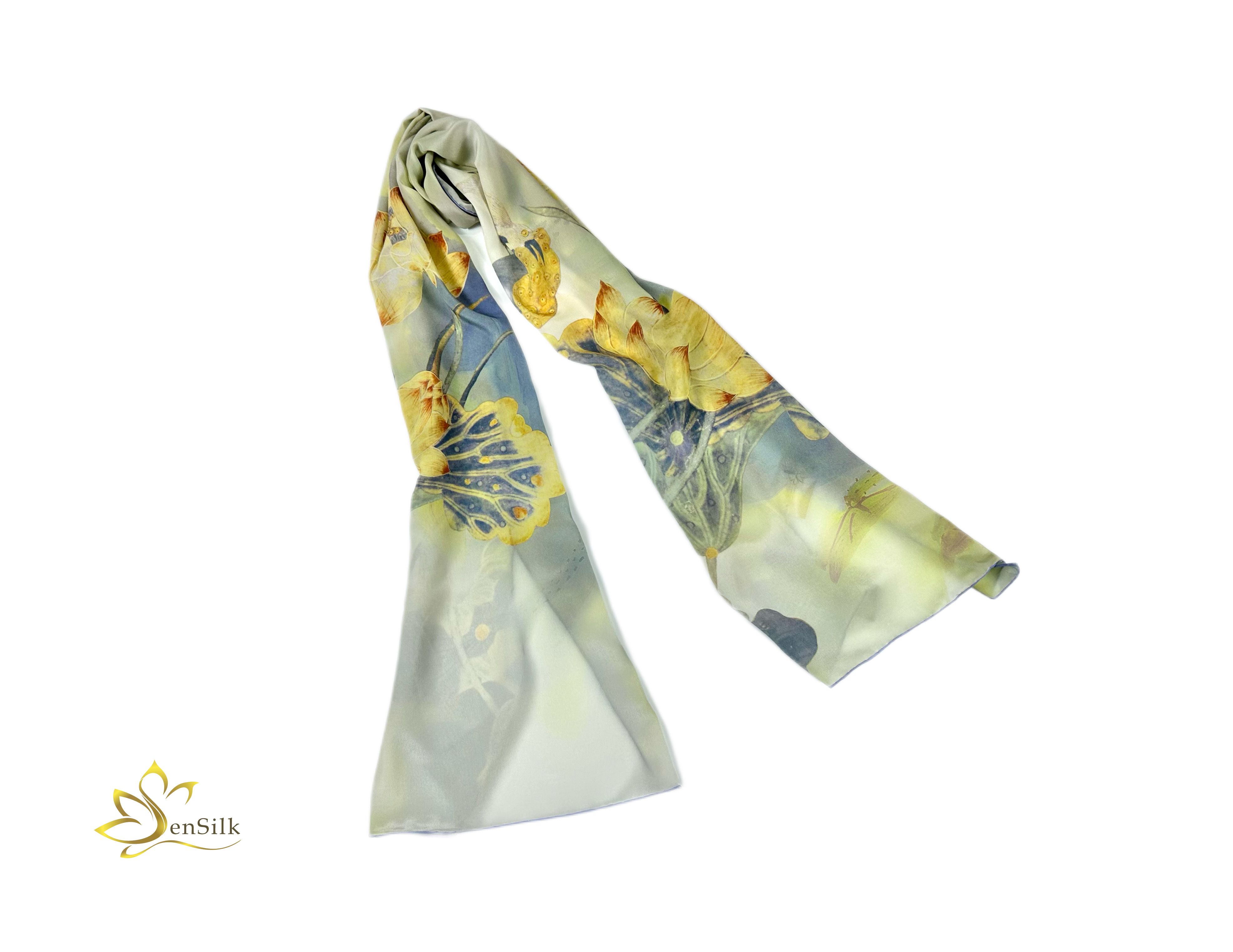 Khăn Lụa in Sen Vàng SenSilk KLDI01 - 100% Mulberry Silk Printed Scarf - Quà Tặng Việt Nam