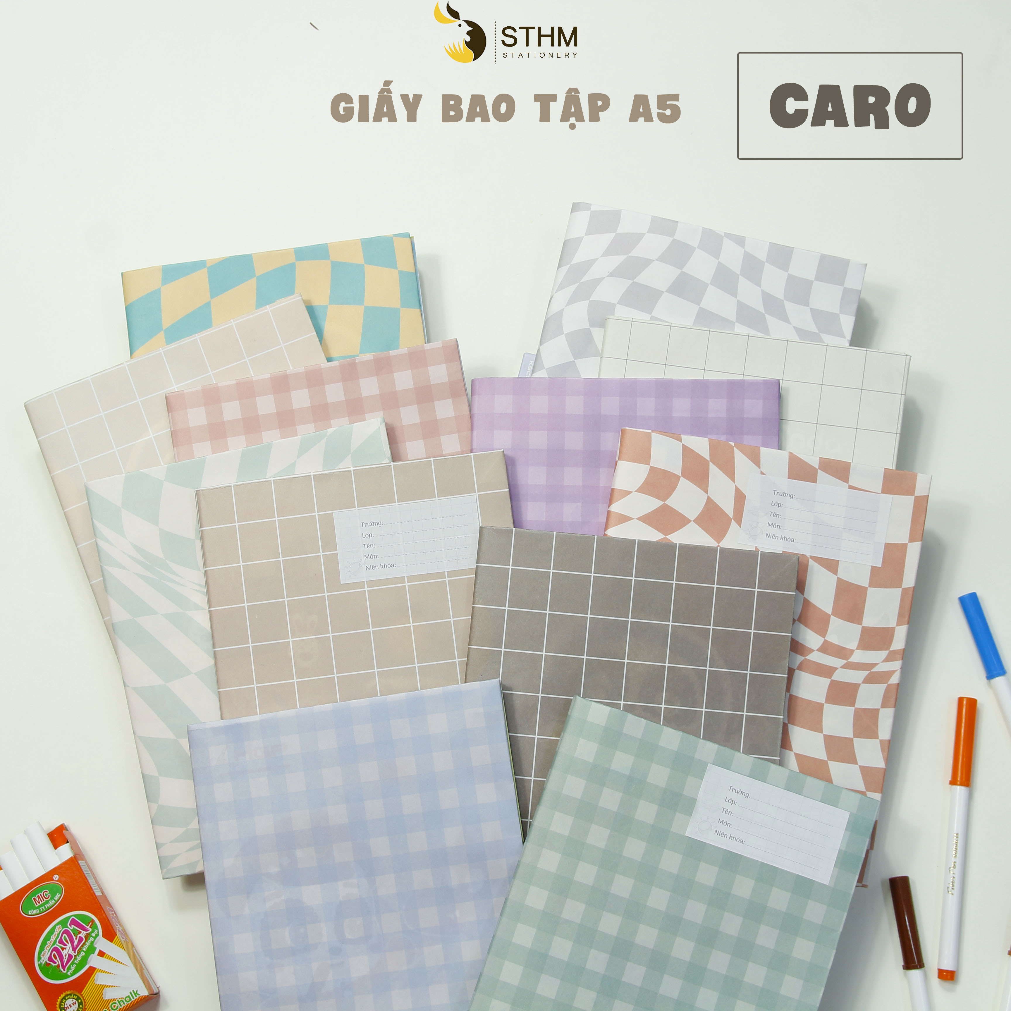- Giấy bao tập A5 - Caro - Kraft trắng 100gsm - Tặng kèm nhãn vở