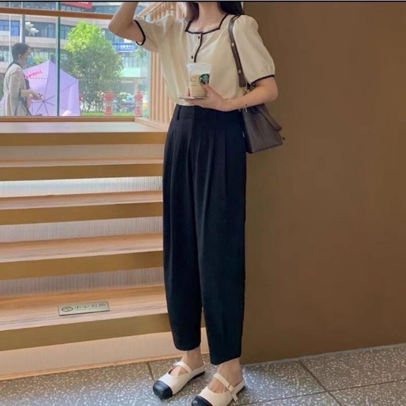 MS648 Áo sơ mi, áo kiểu nữ cổ vuông tay bồng vintage