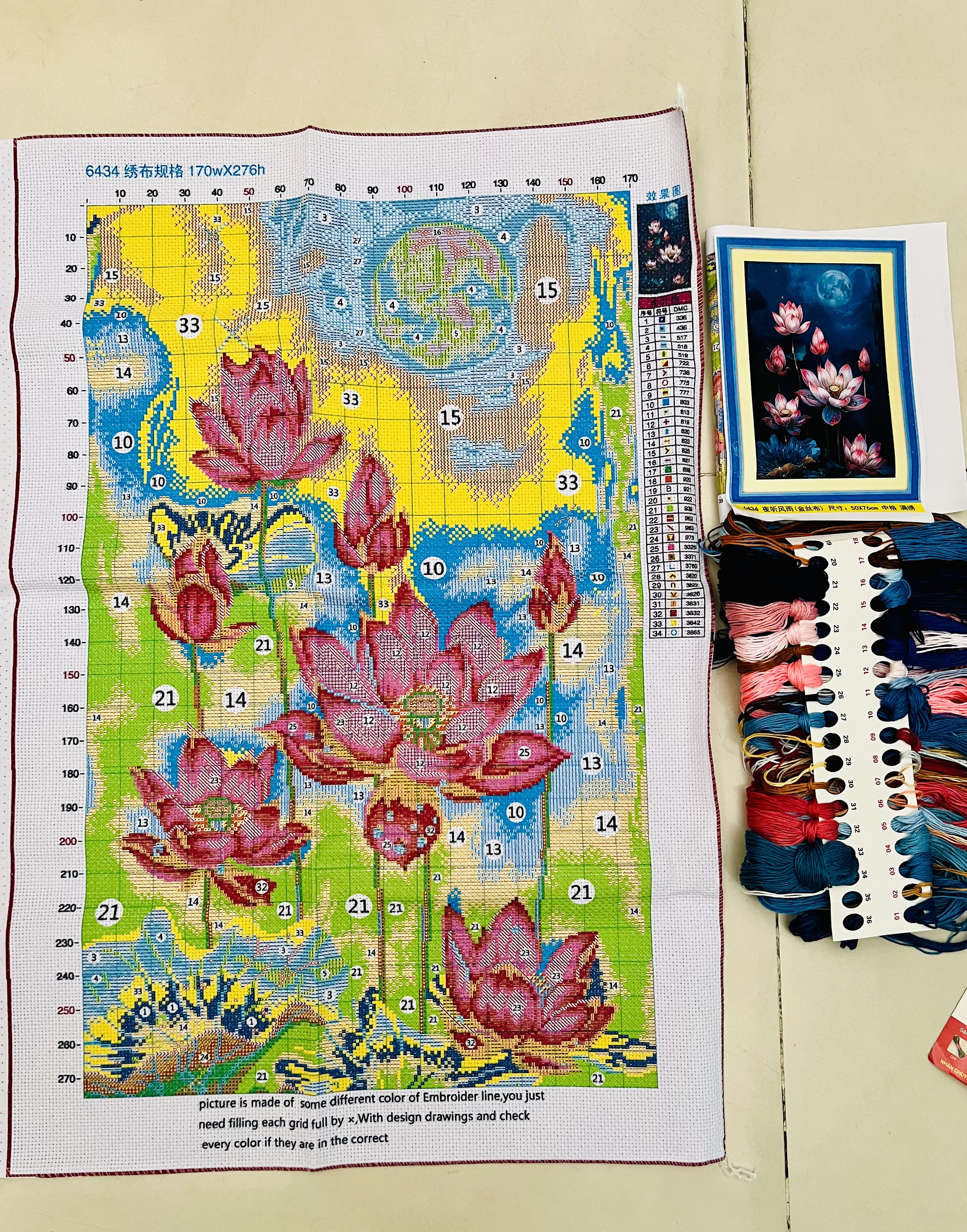 Tranh thêu kín chữ thập Hoa sen 6434, kích thước 50 x 76 cm
