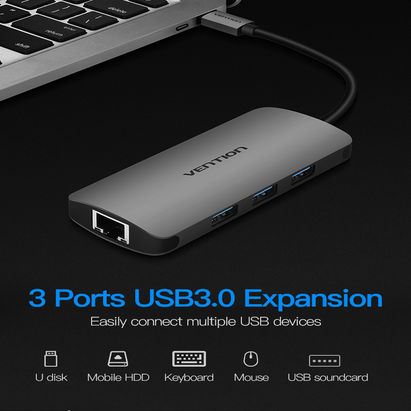 Cáp chuyển đổi Type-C sang Lan + 3 cổng USB 3.0 hàng chính hãng Vention