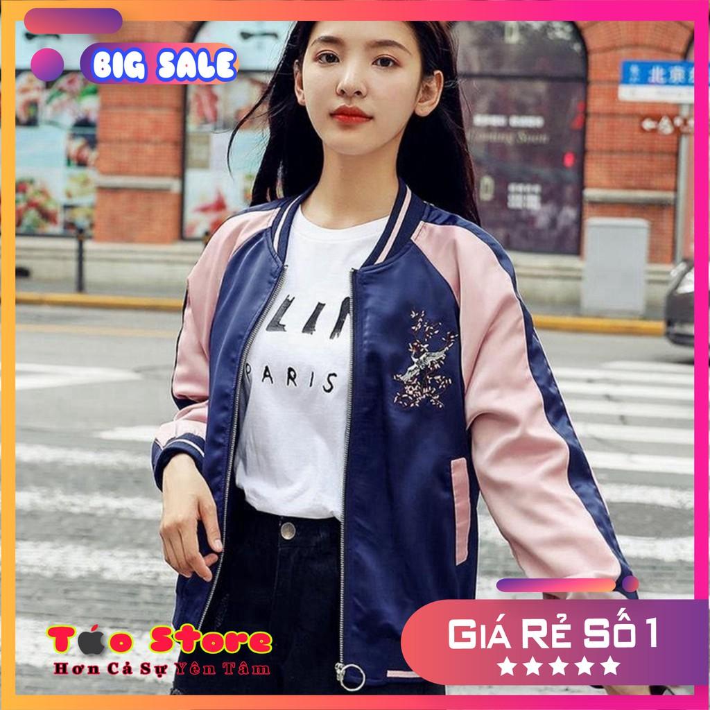 Áo khoác dù Bomber dây kéo KD14 thêu hoa anh đào, form Hàn Quốc unisex cho nam nữ, chất liệu Dù cao cấp