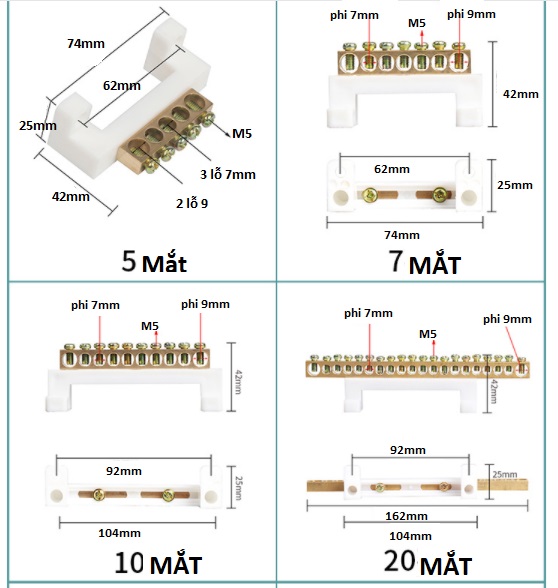 Cầu đấu trung tính 5 mắt, 7 mắt , 10 mắt, 20 mắt có đế nhựa - Cầu mát cao cấp