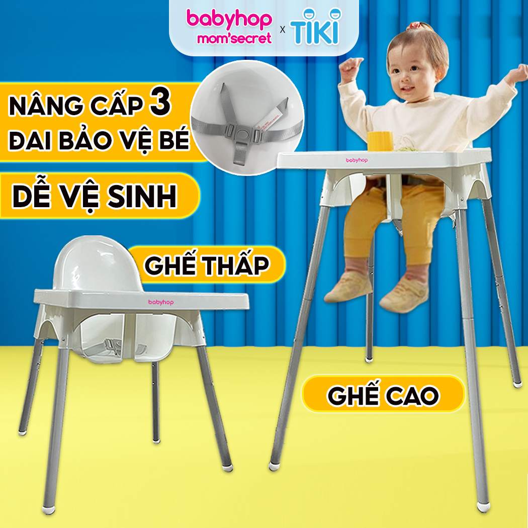 Ghế ăn dặm, bàn ăn cho bé Babyhop kèm mặt bàn, điều chỉnh 2 nấc, 3 dây đai an toàn sử dụng cho trẻ em từ 6 tháng-&gt;3 tuổi