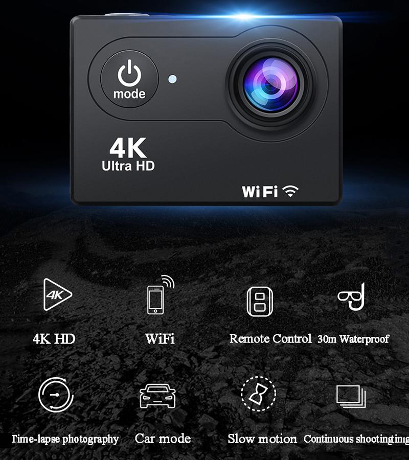 Camera hành động WiFi 4K60FPS 20MP Ảnh 2.0 inch 30m Go WaterProof Camera Pro Mũ bảo hiểm Video Video Ghi lại máy ảnh