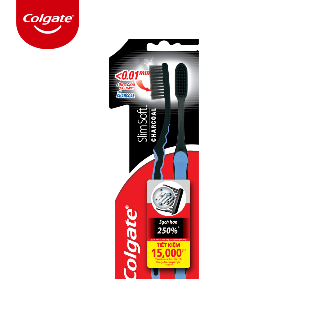 Bộ đôi bàn chải đánh răng Colgate than hoạt tính kháng vi khuẩn SlimSoft Charcoal mềm mảnh