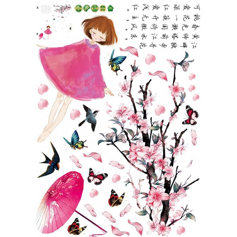 Decal dán tường cô gái hồng cành hoa đào thơ mộng