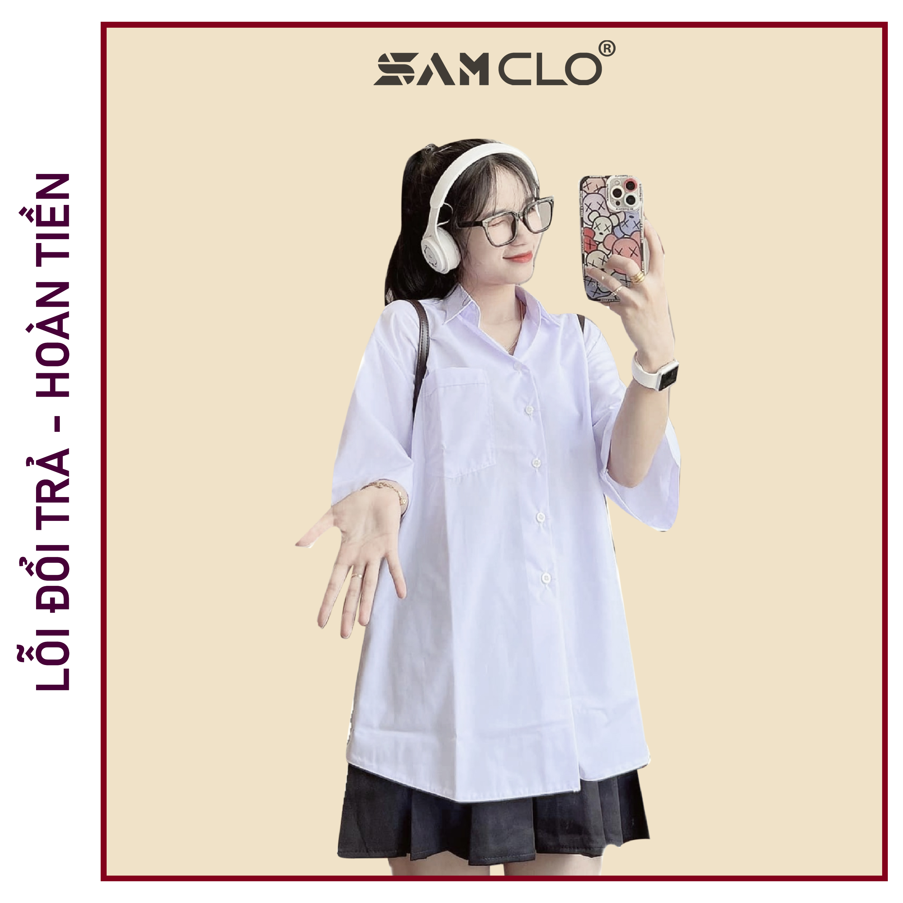 Áo sơ mi nữ SAM CLO cộc tay - tay ngắn đi học, thời trang học sinh, dáng ulzzang Hàn Quốc freesize form rộng TRẮNG TRƠN