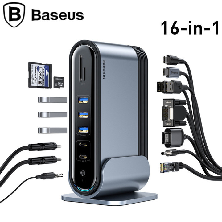 Hub chuyển đổi đa năng 16 trong 1 thương hiệu Baseus CAHUB-BG0G  (Type C*4 / HDMI / VGA / RJ-45 Gigabit / SD,TF Card / USB3.0*3/ USB2.0*2/ Audio AUX 3.5mm/ DC 12V) - Hàng Nhập Khẩu