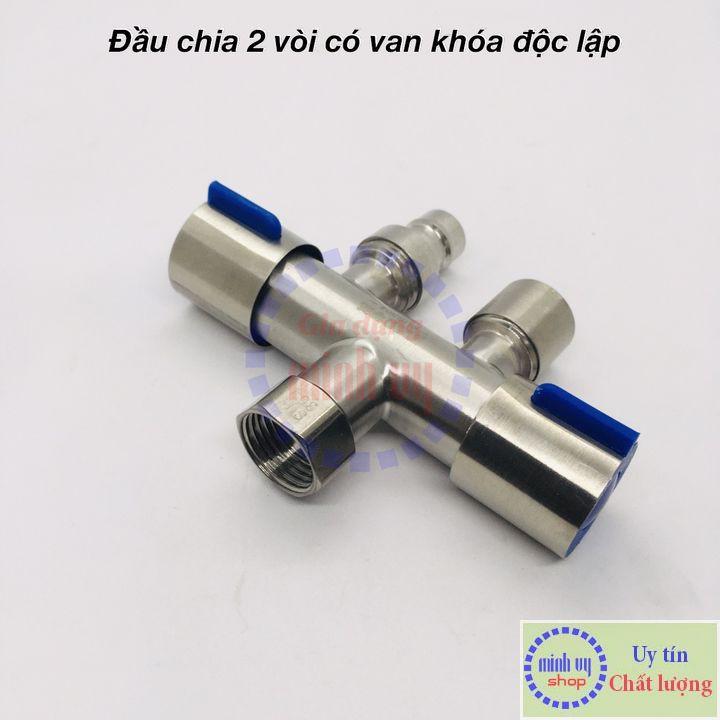 Van Nước 2 cổng xả có điều khiển (xanh) riêng biệt dạng vòi chia nước - đầu ra 21mm Inox SUS304-VC2xanhthang