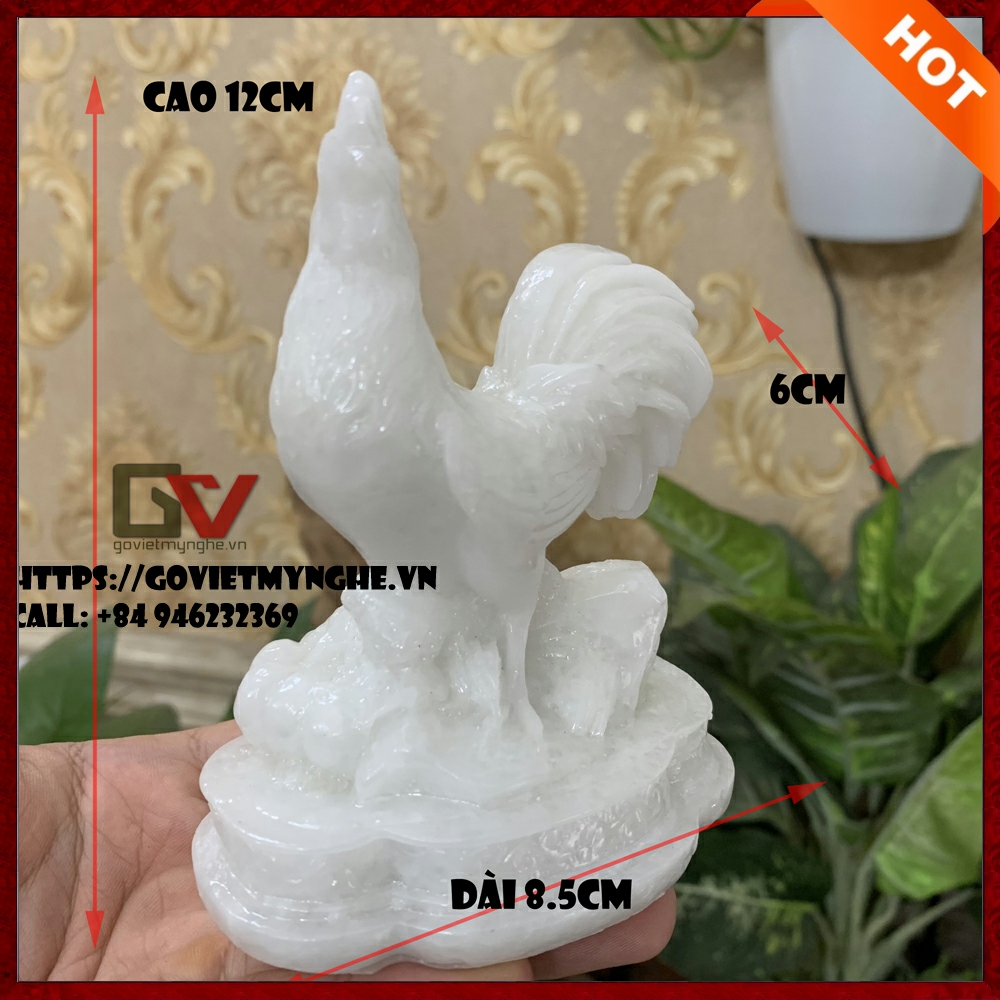 [Gà phong thủy] Tượng đá con gà trống phong thủy mang may mắn cho gia chủ - Cao 12cm - Màu đá trắng