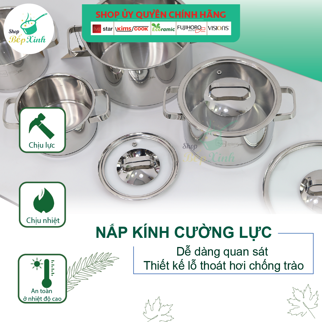 Combo Bộ nồi inox và xửng hấp Fivestar 5 món nắp kính