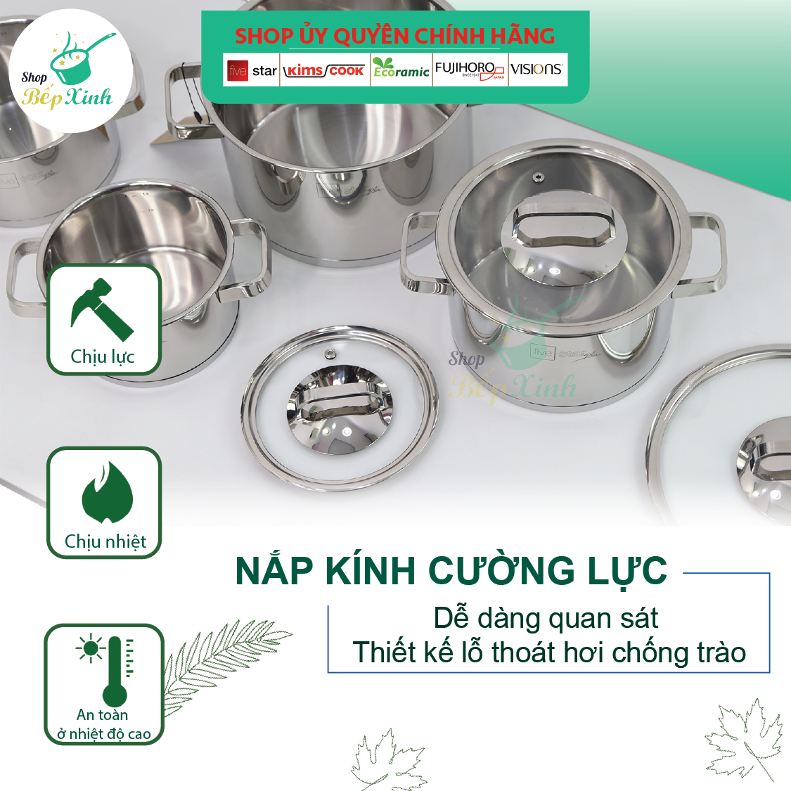 Combo Bộ nồi inox và xửng hấp Fivestar 5 món nắp kính ( 1nồi 16cm x1nồi 18cm x1nồi 20cm x1nồi 24cm x 1thân xửng 24cm)