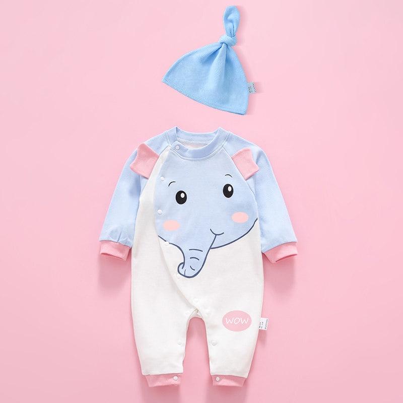 Body Dài Tay cho Bé kèm mũ mẫu quần áo trẻ em sơ sinh hình Voi Xanh chất Cotton Mềm Mịn từ 3-12kg