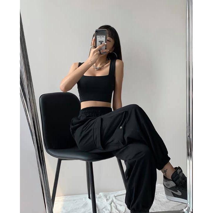 Áo croptop cổ vuông đen trắng - Áo croptop khoét nách 2 màu đen trắng phom ôm chất thun