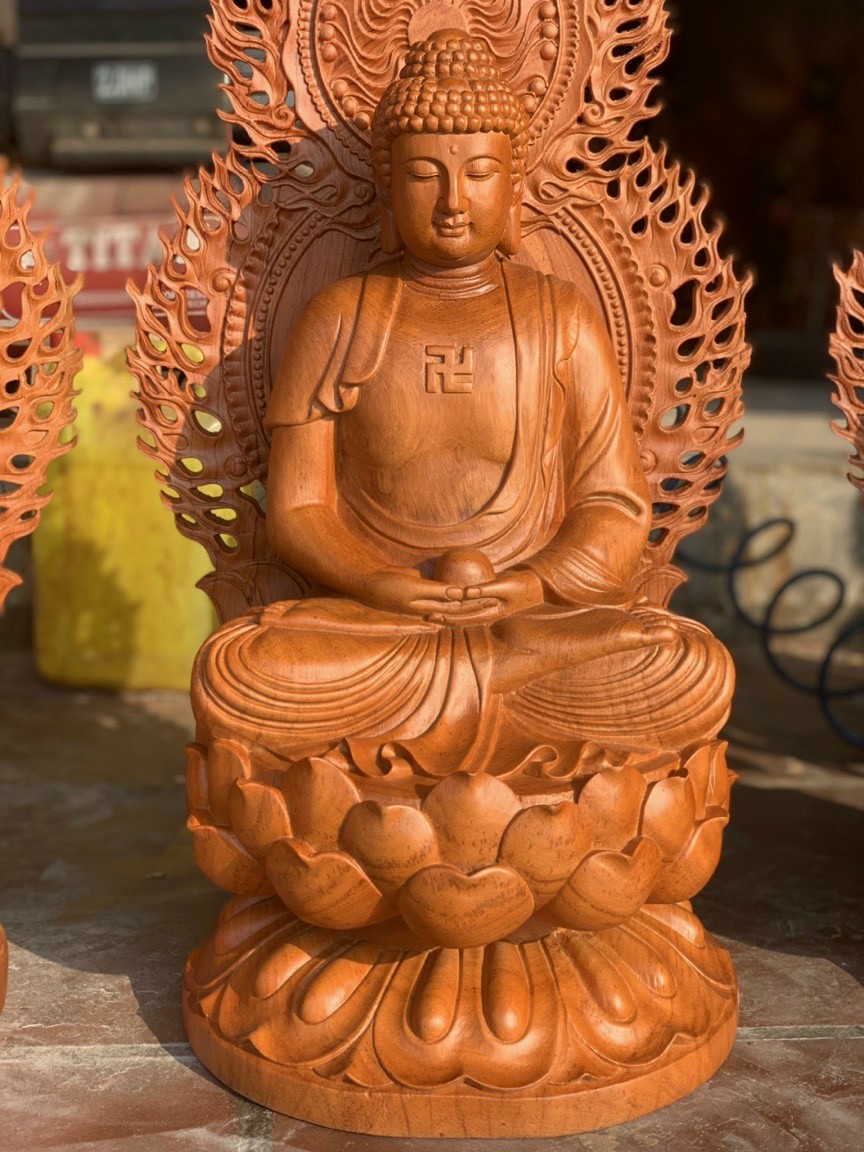 Bộ tượng phật tam thánh tây phương bằng gỗ hương đá kt cao 30×16×16cm +lá chắn hòa quang cao tổng 41×24cm