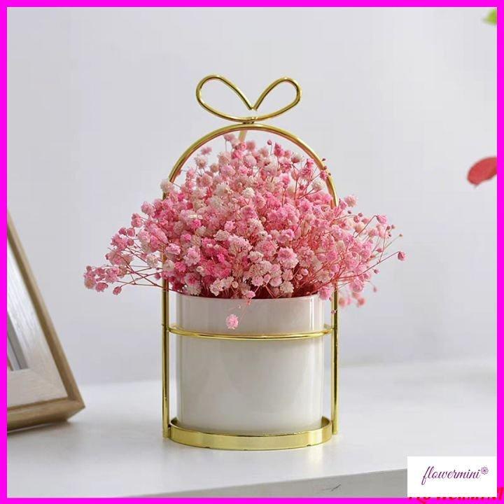 Lọ hoa baby khô 21cm để bàn trang trí phòng khách, bàn học, kệ tủ, giá sách thiết kế lồng chim mạ vàng Flowermini LC-03