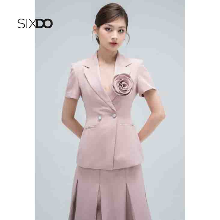 Áo vest nữ SIXDO ngắn tay cúc ngọc kèm hoa cài