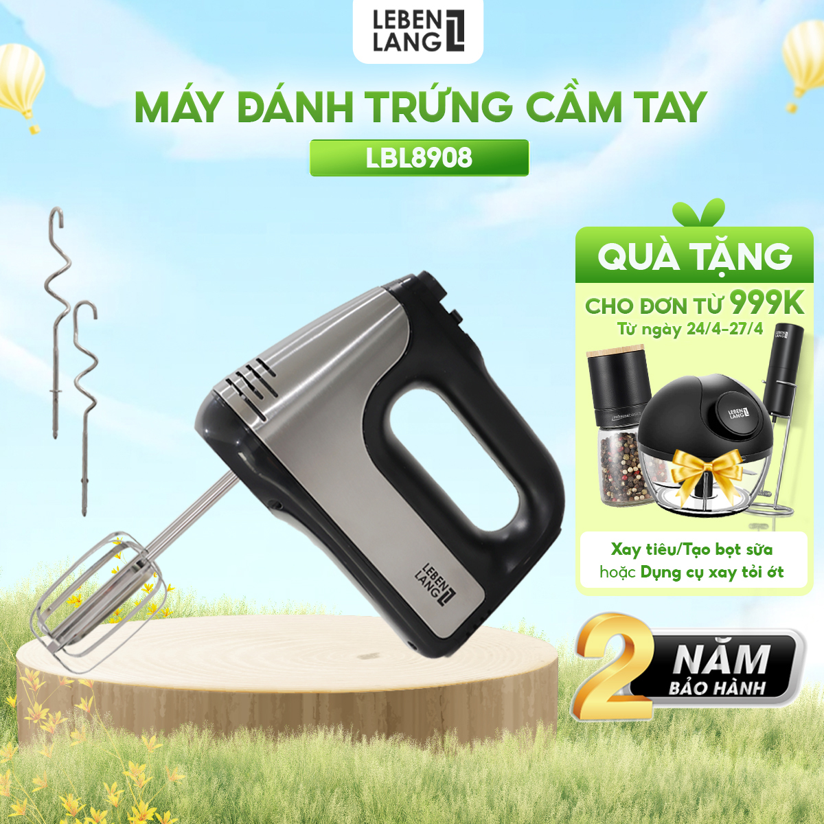 Máy đánh trứng Lebenlang, máy trộn cầm tay 5 tốc độ, công suất lớn 400W, bảo hành 2 năm - hàng chính hãng