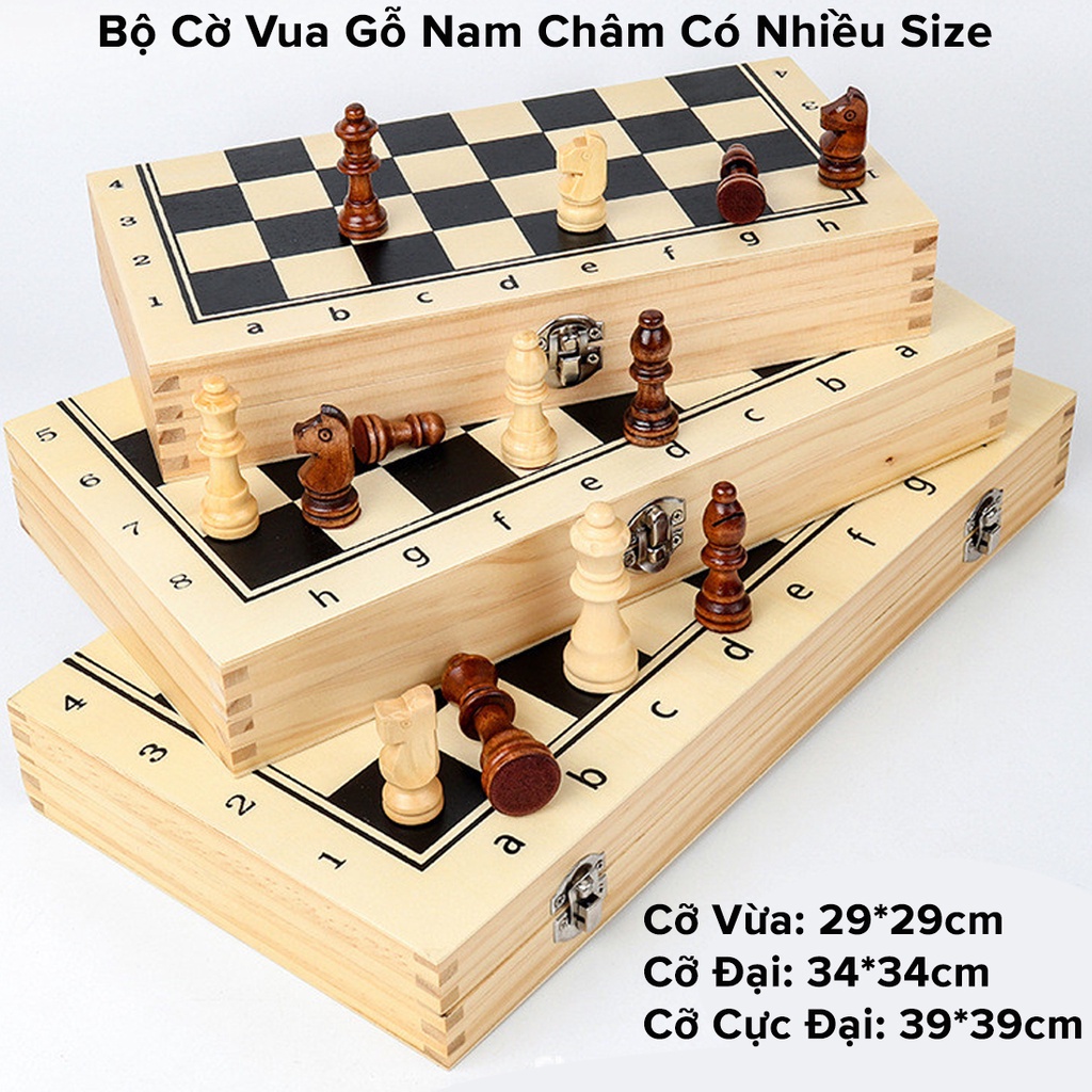 Bàn cờ vua gỗ nam châm cao cấp - Bộ cờ vua nam châm 29cm - 34cm - 39cm bằng gỗ thông tự nhiên chính hãng D Danido