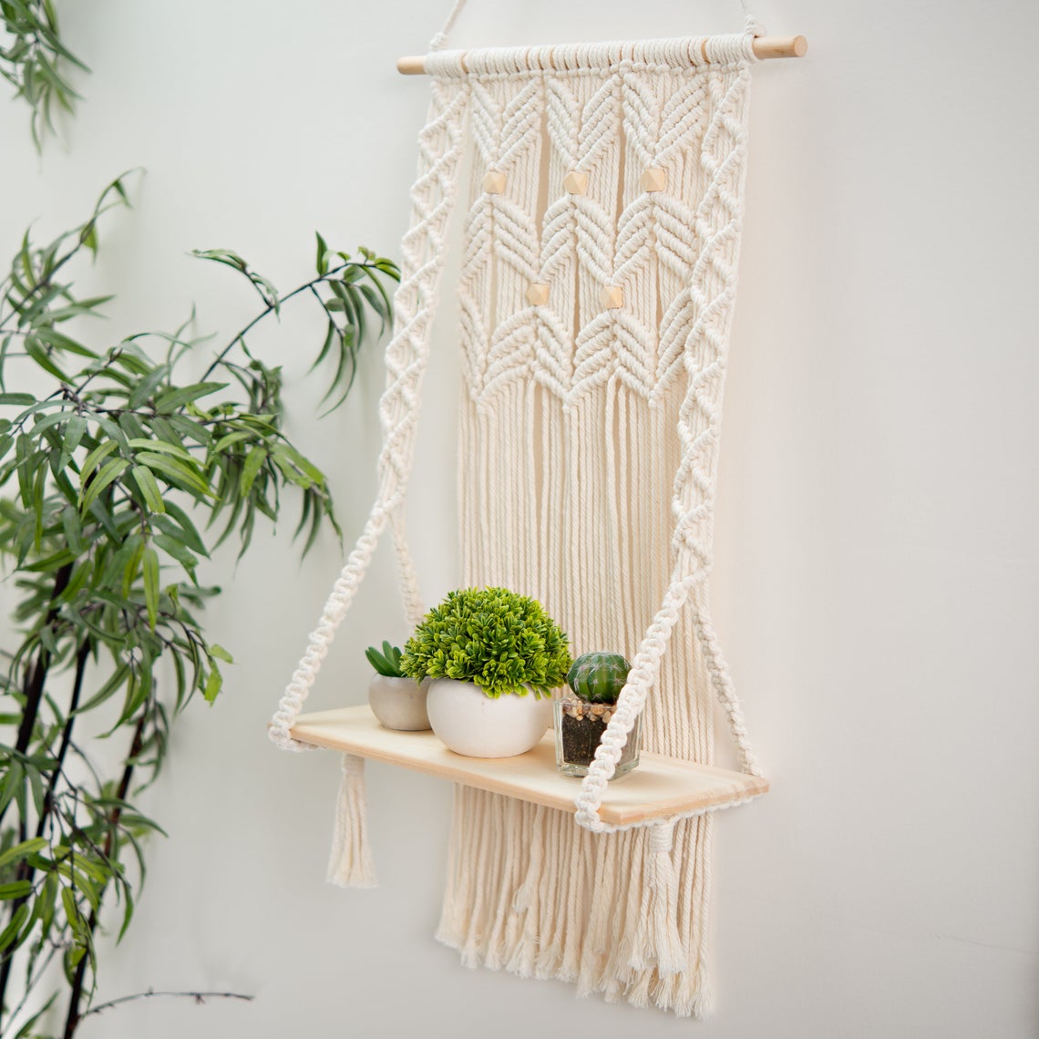 Kệ Gỗ thông Treo Tường Macrame KM01 50x85 cm - Kệ để đồ, kệ sách, trang trí tường