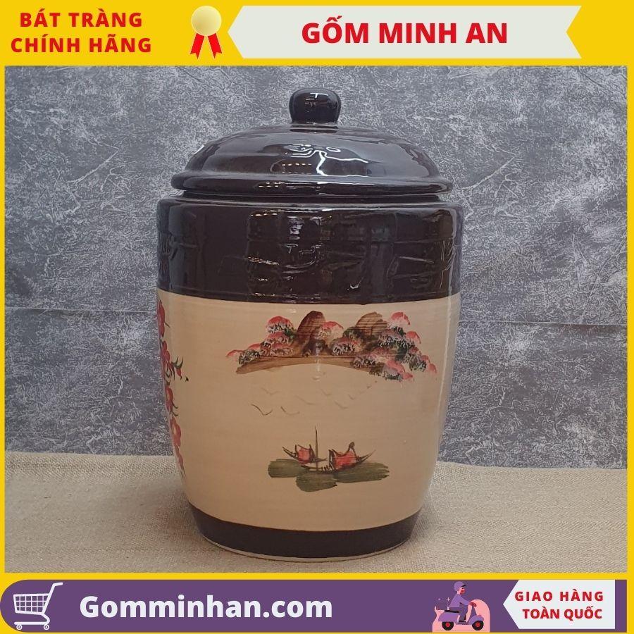 Chum đựng gạo Hũ Đựng Gạo Tài Lộc 25kg vẽ hoa đào gốm sứ Bát Tràng- Gốm Minh An