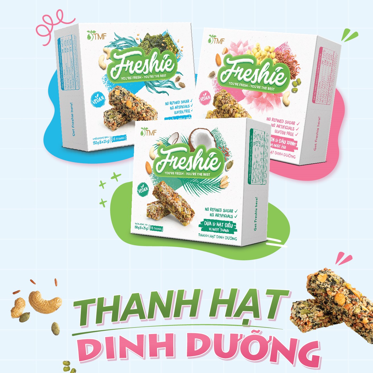 Thanh hạt Freshie Dừa & Hạt điều gạo lứt ngũ cốc thuần chay cung cấp năng lượng 150gr TÂM MINH FOODS