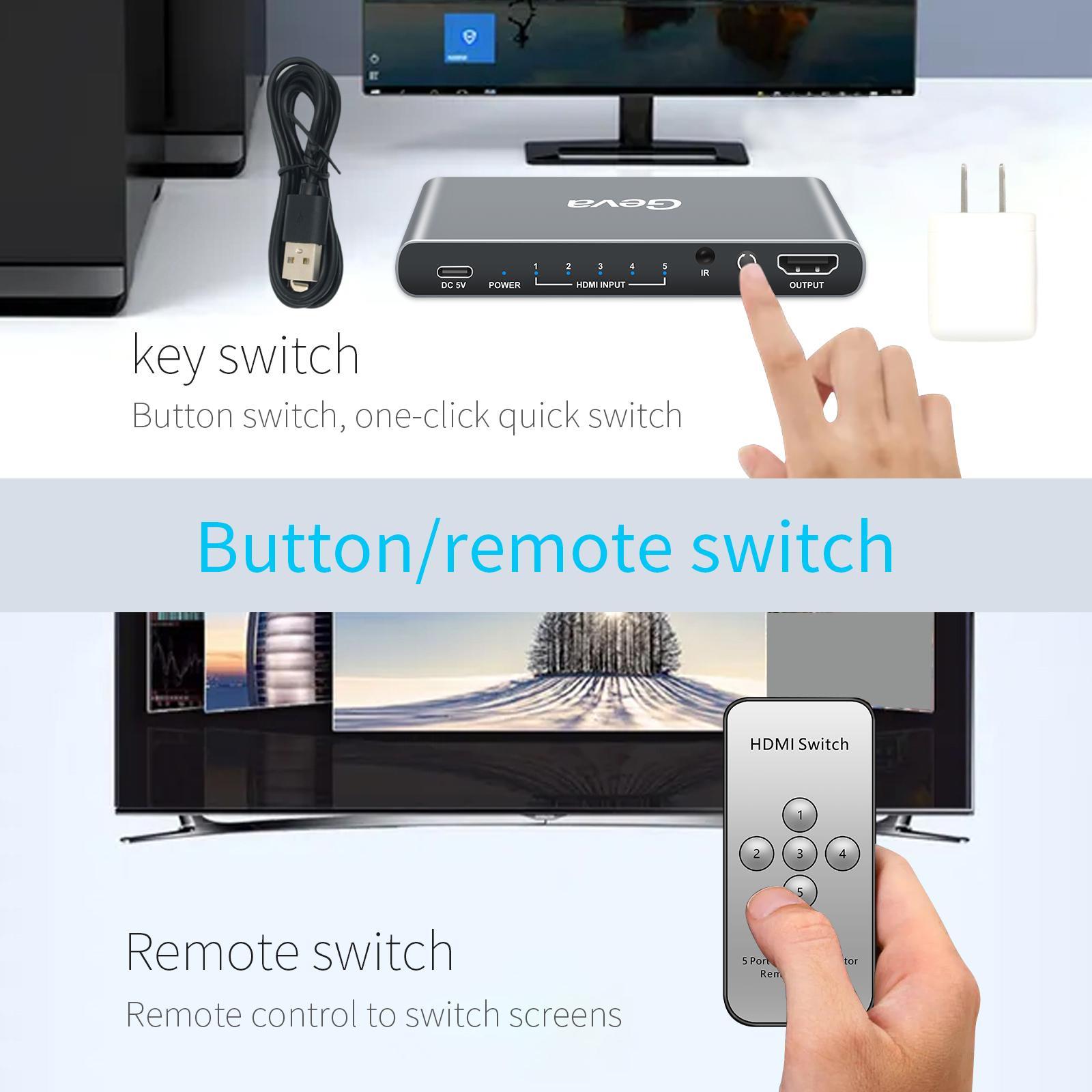 5 in 1 Out 4K@60Hz HDMI2.0 Switcher Selector,with IR Wireless Remote,HDMI Audio Extractor,5 Port 5x1 HDMI Switcher Splitter Box for Computer