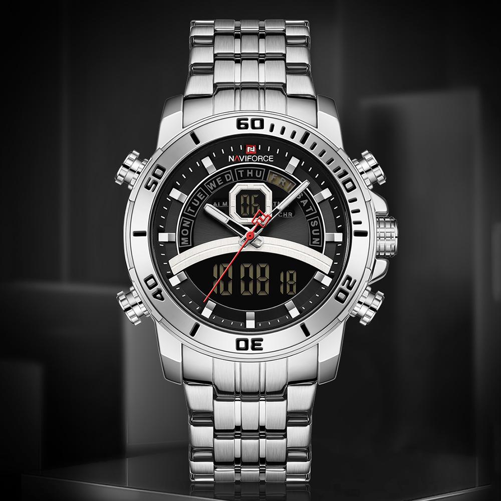 Đồng hồ NAVIFORCE Quartz Digital Electronic có đèn nền, chế độ giờ kép Chống thấm nước - Bạc
