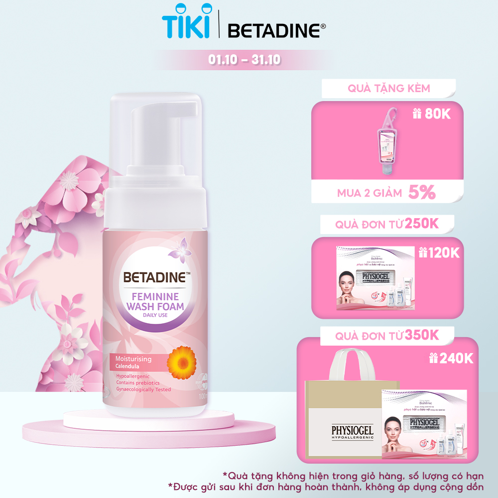 (Date 12/2024) Bọt vệ sinh phụ nữ Betadine Feminine Wash Foam Daily Use Moisturising Calendula 100ml