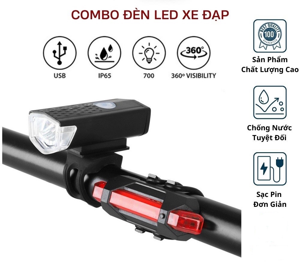 Bộ đèn pha led và đèn hậu cho xe đạp sạc usb tiện lợi, dễ sử dụng