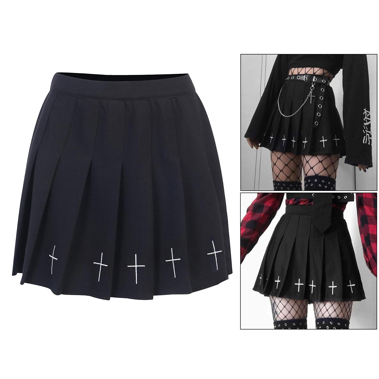Girls Punk Cross Embroidery Skirts Pleated Women High Waist Mini Skirts Cross Female Black Skirts Cosplay Costumes Skirts