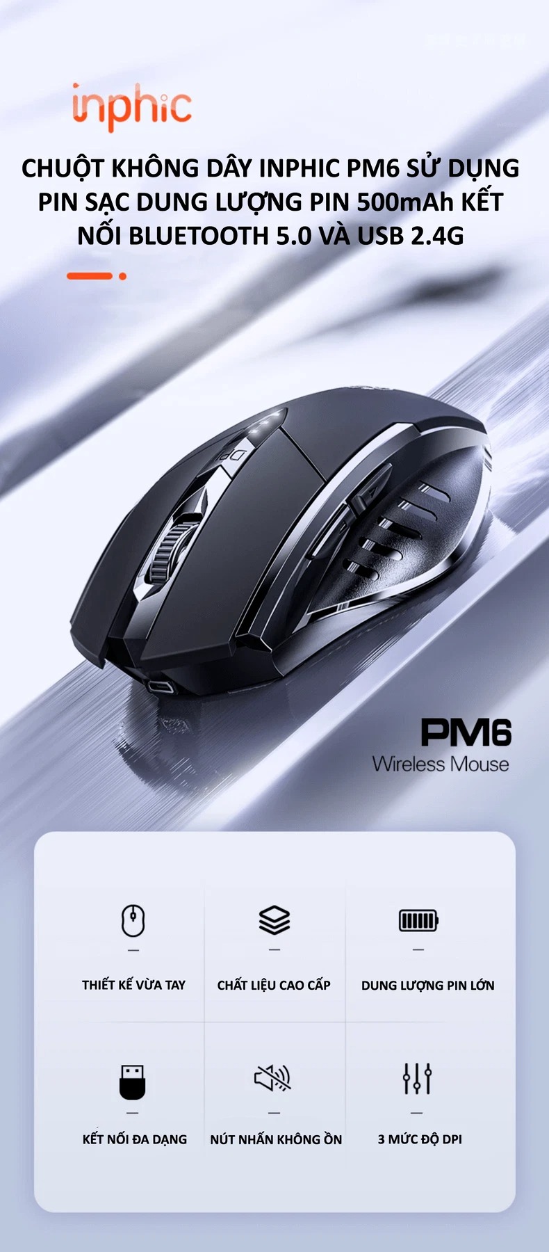 Chuột không dây INPHIC PM6 sử dụng pin sạc kết nối bằng USB 2.4G, Bluetooth 5.0 với nút nhấn silent không tiếng ồn - HÀNG CHÍNH HÃNG