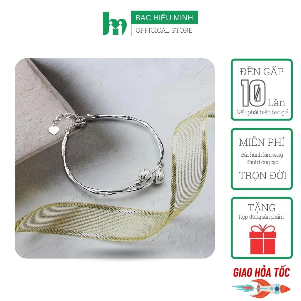 Vòng tay, lắc tay nữ  charm bi cát dạng kiềng bạc chuẩn 925 BẠC HIỂU MINH LTU537