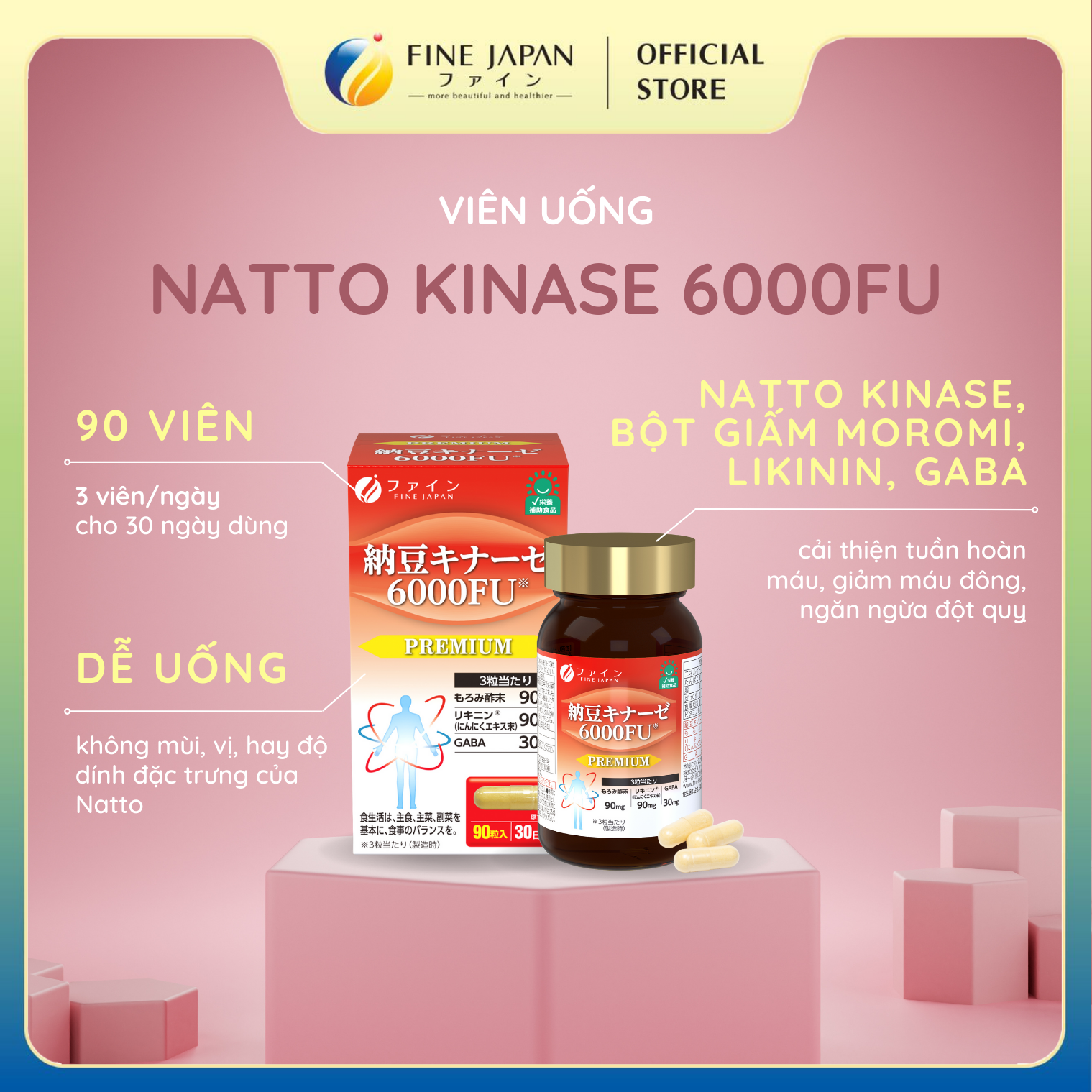 Viên Uống Hỗ Trợ Điều Trị Tai Biến, Đột Quỵ Natto Kinase 6000FU FINE JAPAN Hộp 90 Viên