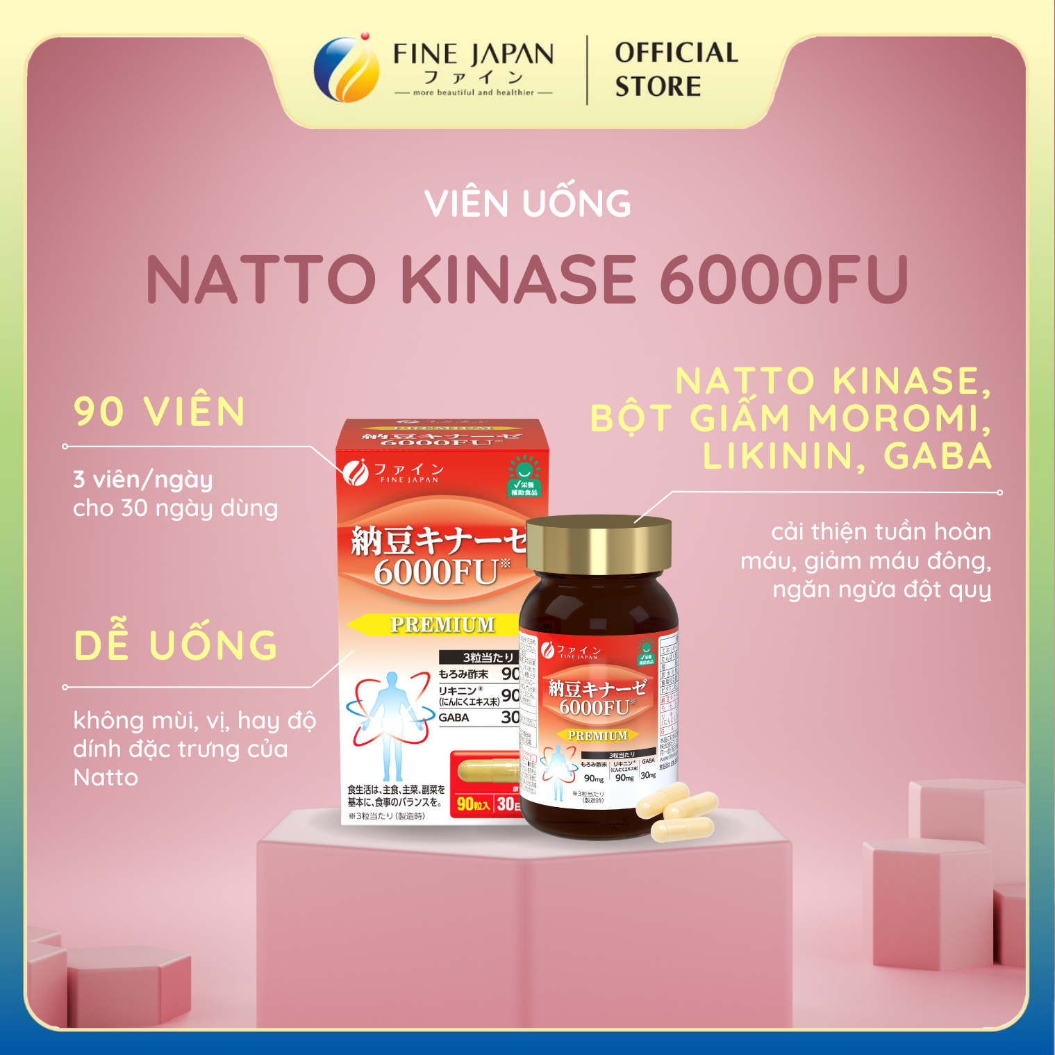  Viên Uống Hỗ Trợ Điều Trị Tai Biến, Đột Quỵ Natto Kinase 6000FU FINE JAPAN Hộp 90 Viên