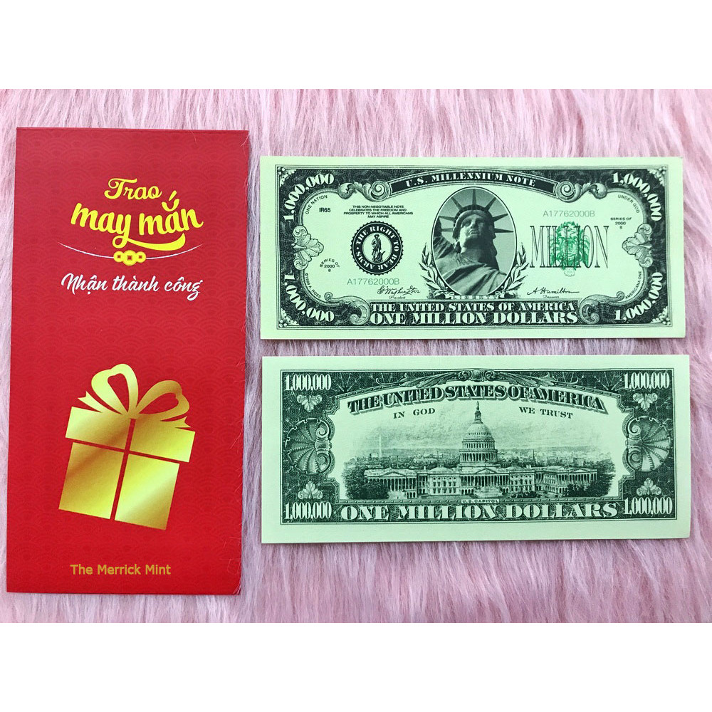 Tờ tiền 1 triệu USD lưu niệm, tiền mệnh giá siêu khủng làm quà tặng phong thủy, dùng để sưu tầm , vật phẩm trưng bày, làm lộc may mắn - tặng kèm bao lì xì đỏ - The Merrick Mint