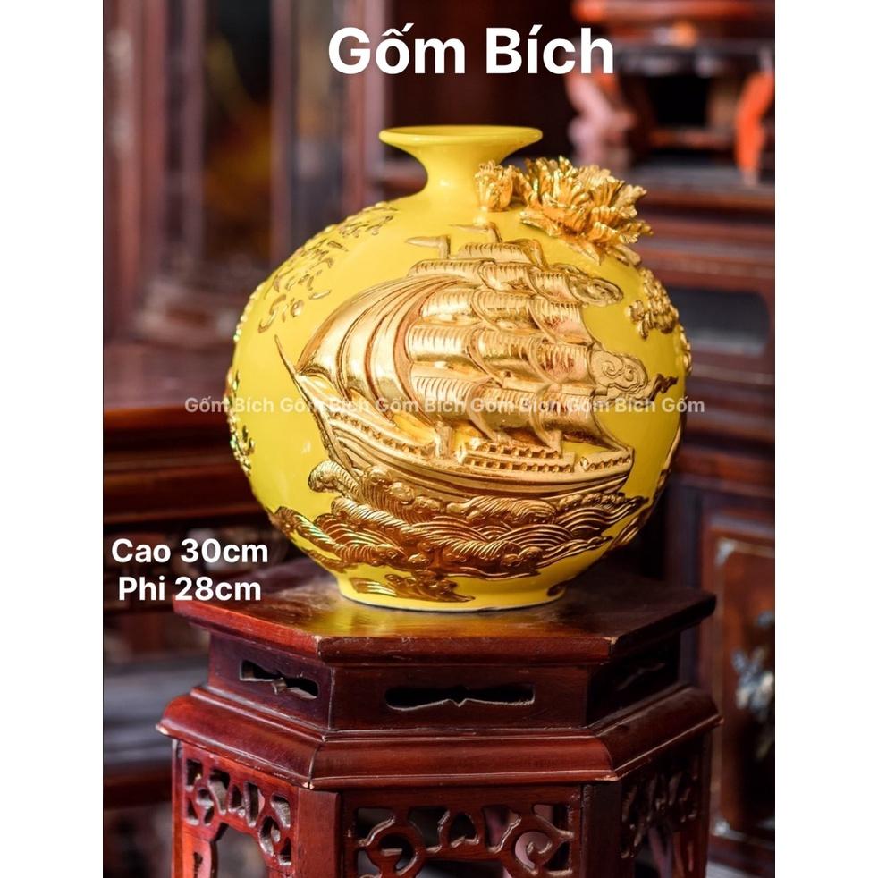 Bình Hút Tài Lộc Cao 30cm Thuận Buồm Xuôi Gió Đắp Nổi Dát Vàng Gốm Sứ Bát Tràng - Gốm Bích
