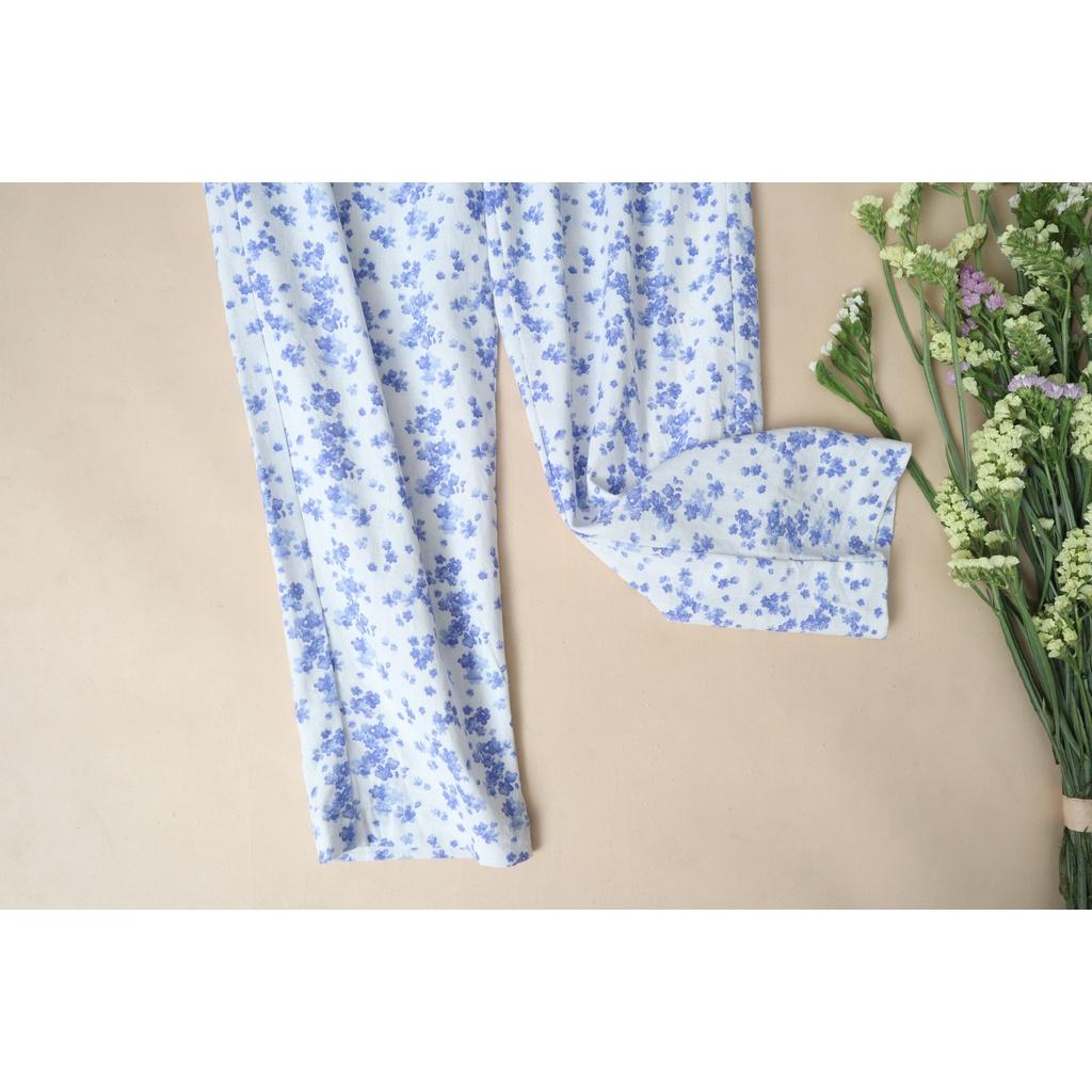 Quần côn dài Linen KACHISA cotton hoa màu xanh
