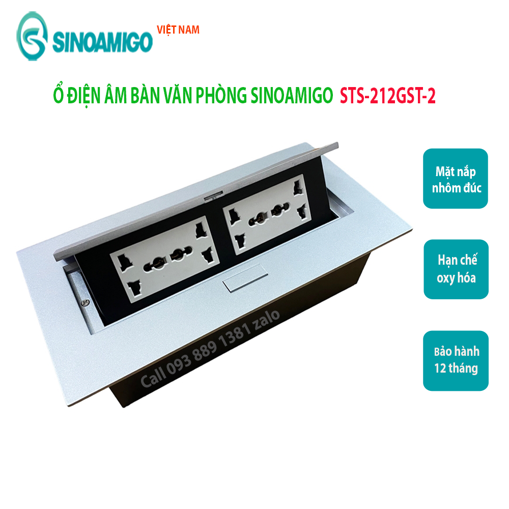 Hộp điện âm bàn Sinoamigo STS-212GST-2 gồm 2 ổ điện, 2 ổ cắm HDMI, 1 ổ USb 5V-21.A. Chất liệu hợp kim nhôm màu bạc sang trọng - Hàng chính hãng