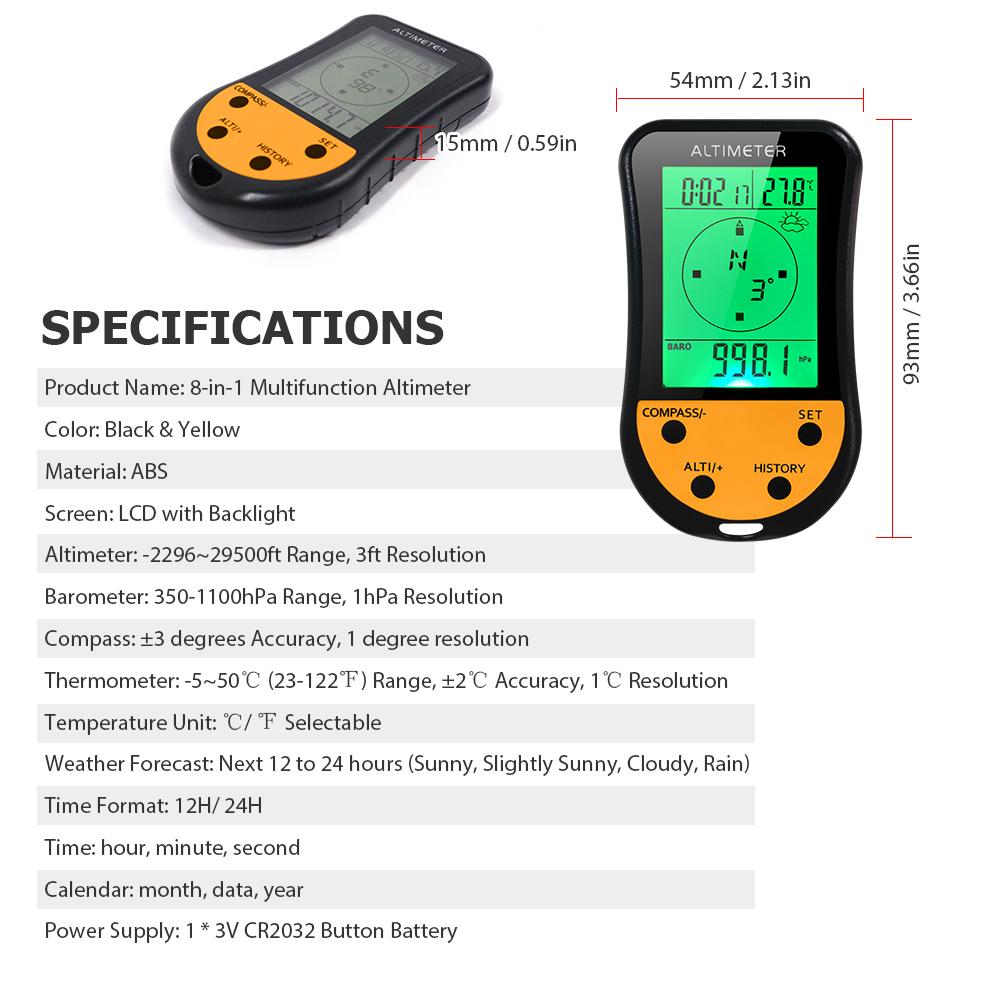 Electronic Digital Altimeter 8 in 1 Multifunction LCD Backlight Mini Altimeter Barometer Compass Thermometer Weather Forecast Clock Calendar for Outdoor Climbing Hiking Fishing