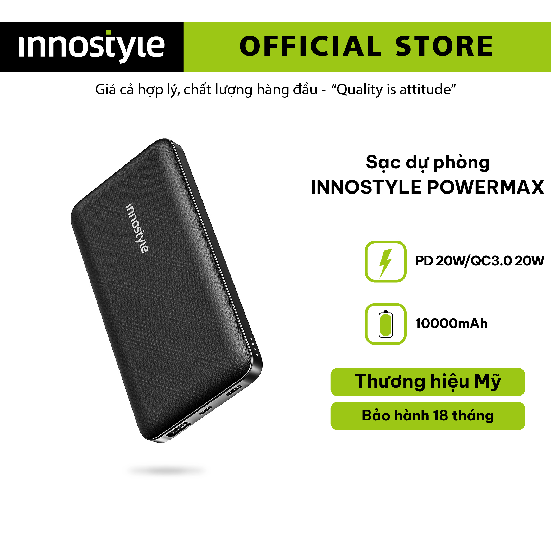 SẠC DỰ PHÒNG INNOSTYLE POWERMAX 10000MAH PD/QC3.0 20W IP20PD - HÀNG CHÍNH HÃNG