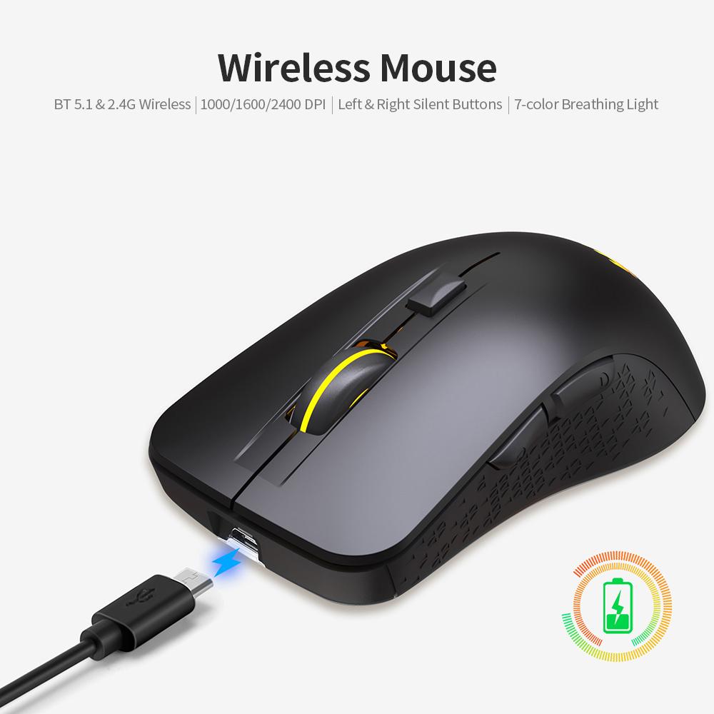 Chuột không dây có thể sạc lại YWYT 2.4G với bộ thu USB Chuột không dây BT 5.1 3 mức DPI có thể điều chỉnh / 6 nút