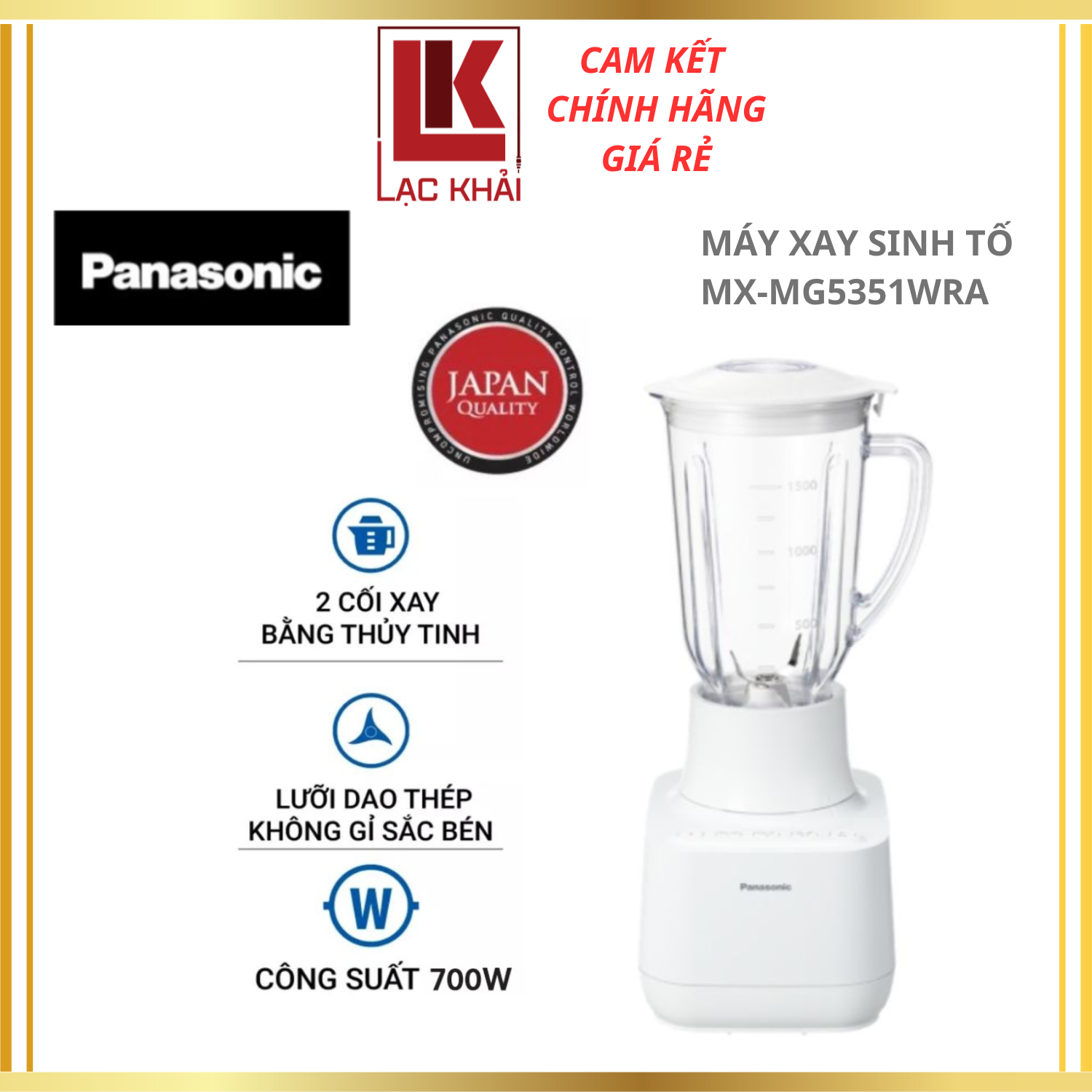 Máy Xay Sinh Tố Panasonic MX-MG5351WRA - Công suất 700W- Dung tích 1.5L - Lưỡi dao thép không gỉ- cối xay thủy tinh - Xay đá mịn - Hàng Chính Hãng - Bảo hành 12 tháng