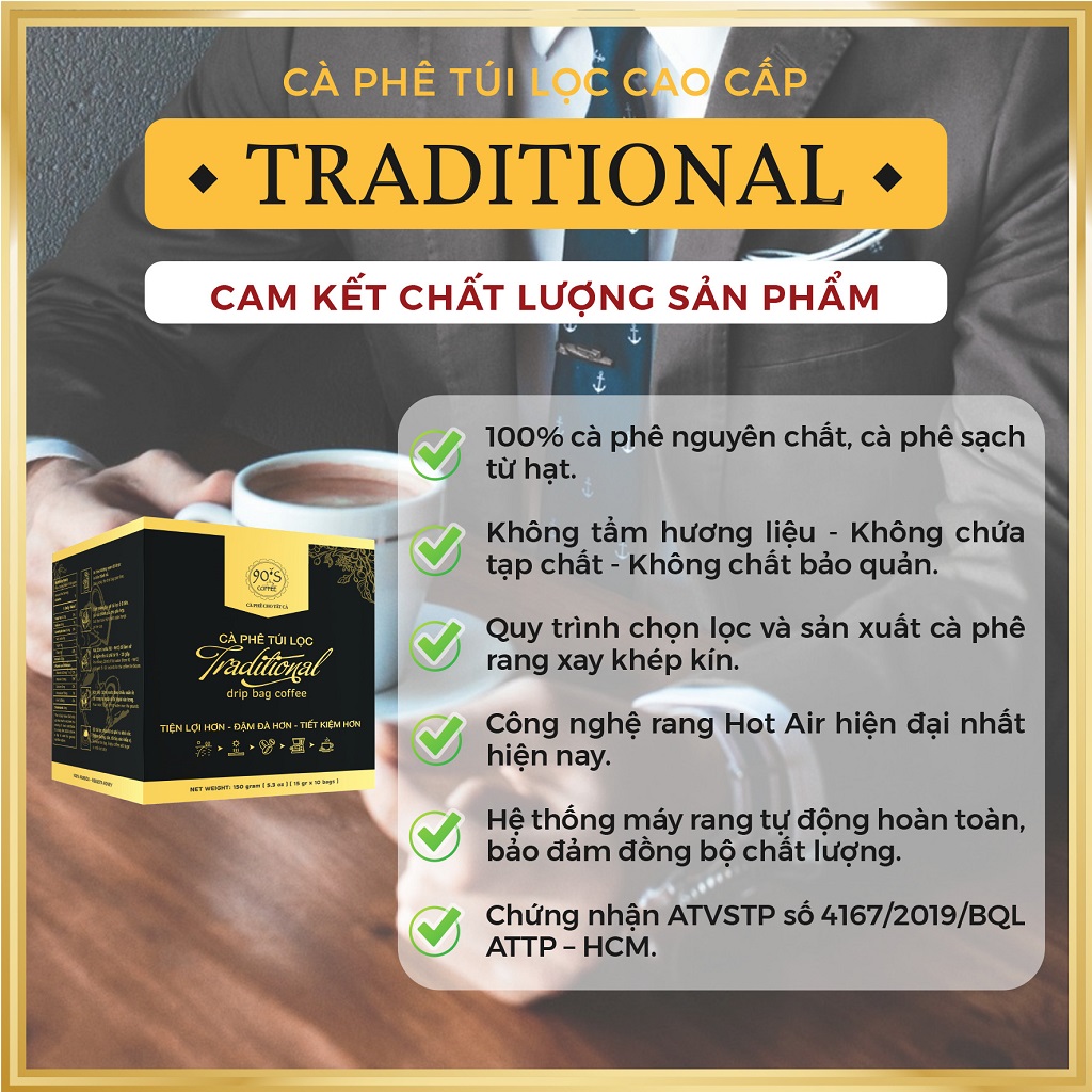 Cà Phê TRADITIONAL - 90S Coffee | Hộp 10 Gói x 15g Cà Phê phin giấy Rang Xay Nguyên Chất Cao Cấp