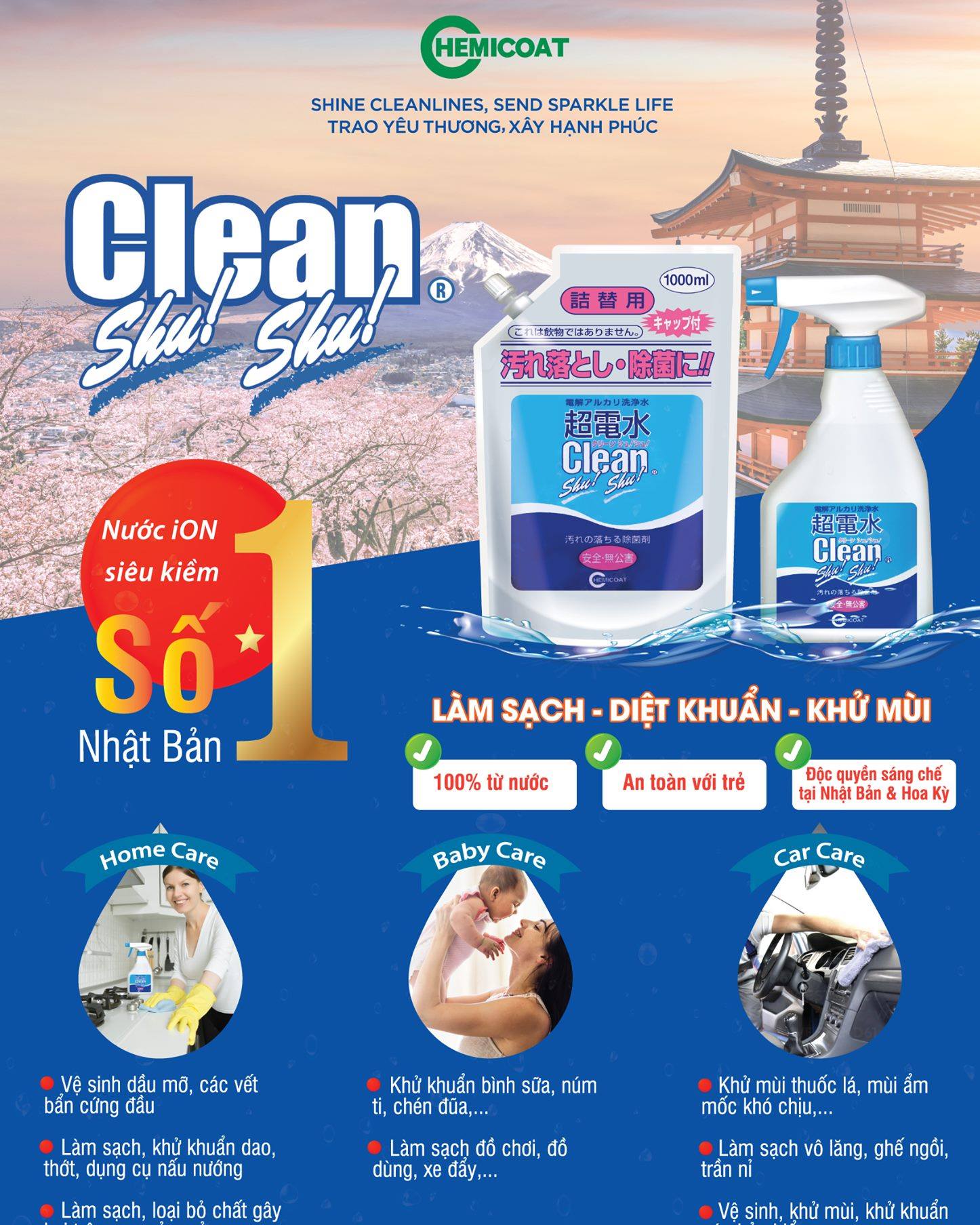 Chai xịt Khử mùi ô tô Clean Shu! Shu! 500mL nước ion kiềm tẩy rửa, diệt khuẩn từ Nhật Bản